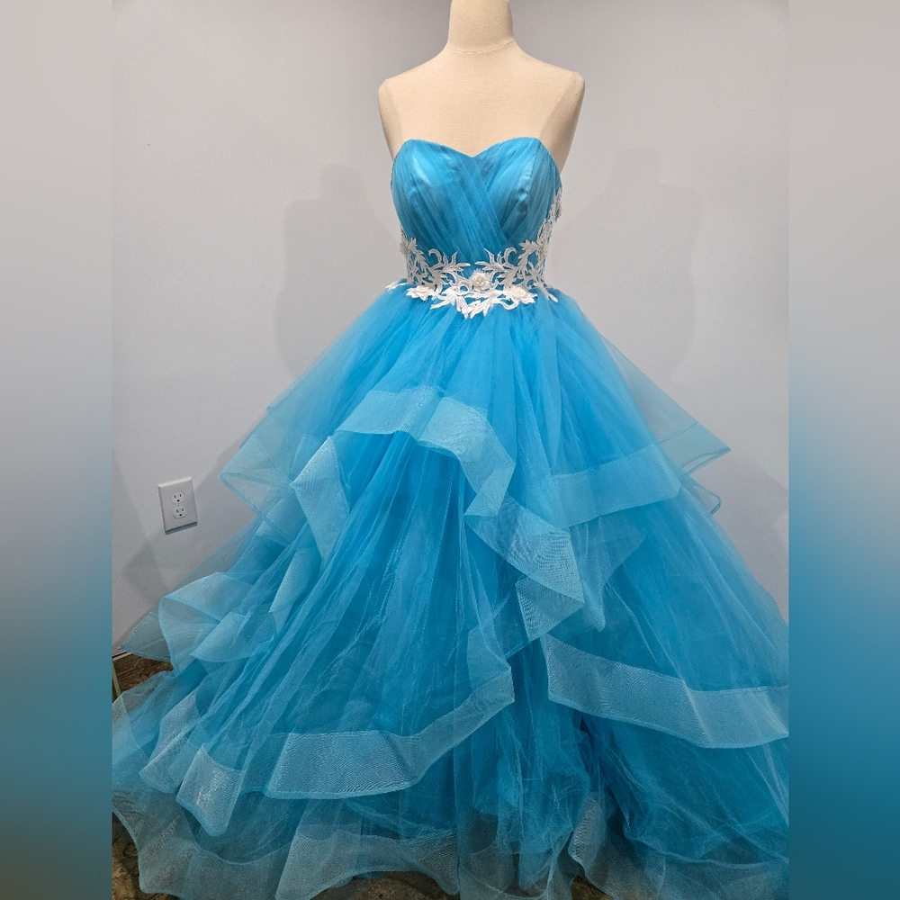 Mila Hoffman Custom Couture Ball Gown, Blue Topaz, White Floral Emroidered Waist - Picture 4 of 17
